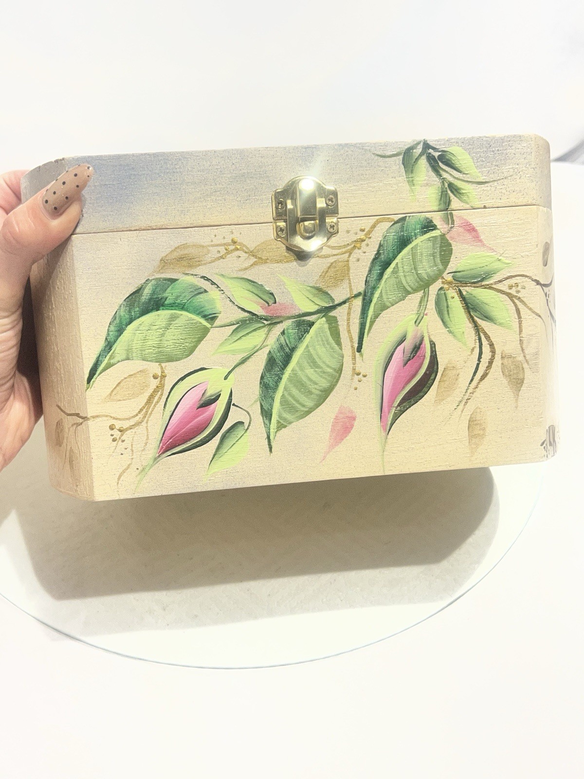 Hand-Painted Floral Oval Wood Decorative Box, Hinged Lid & Latch Closure
