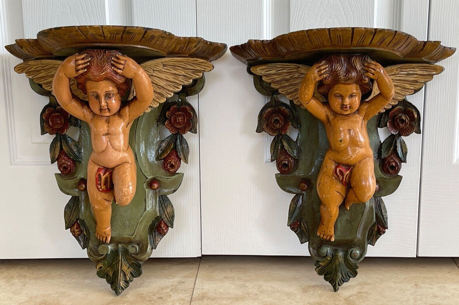 Vintage Pair of Polychrome Carved Wood Ornate Putti Cherubs Wall Bracket Shelf