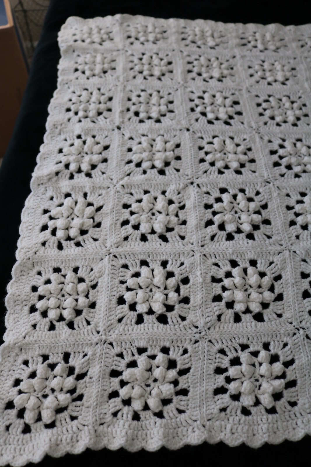 Baby Granny Squares Afghan Hand Crocheted Soft White Cream Popcorn Stitches EUC