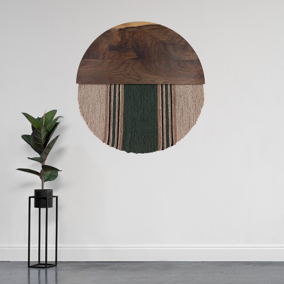 Khaki Cotton Half Moon Macrame Wall Hanging Round Latte Wall Art Walnut Wood