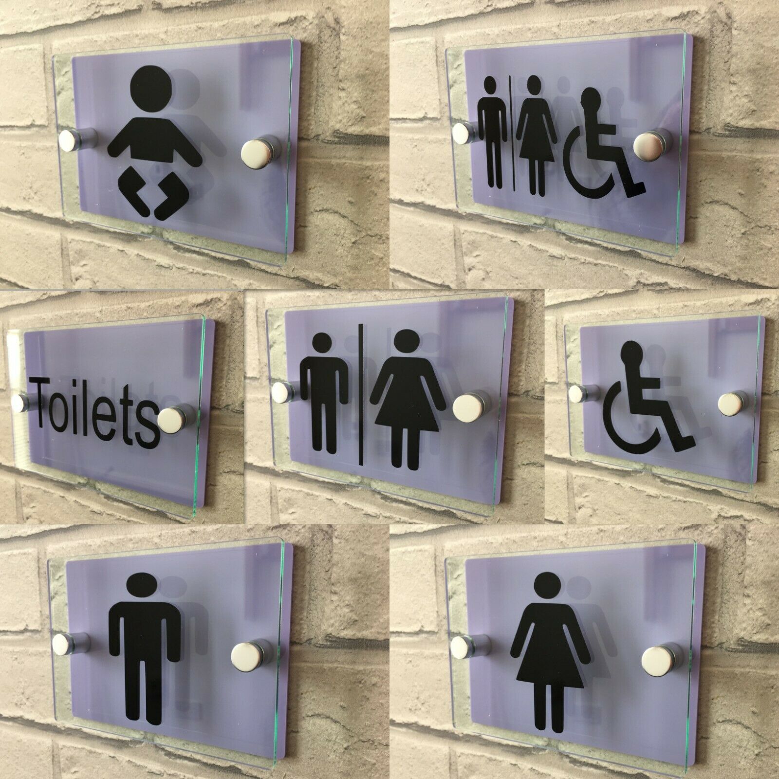 MODERN GLASS EFFECT ACRYLIC LIGHT LILAC TOILET SIGNS UNISEX/MALE/FEMALE/BABY
