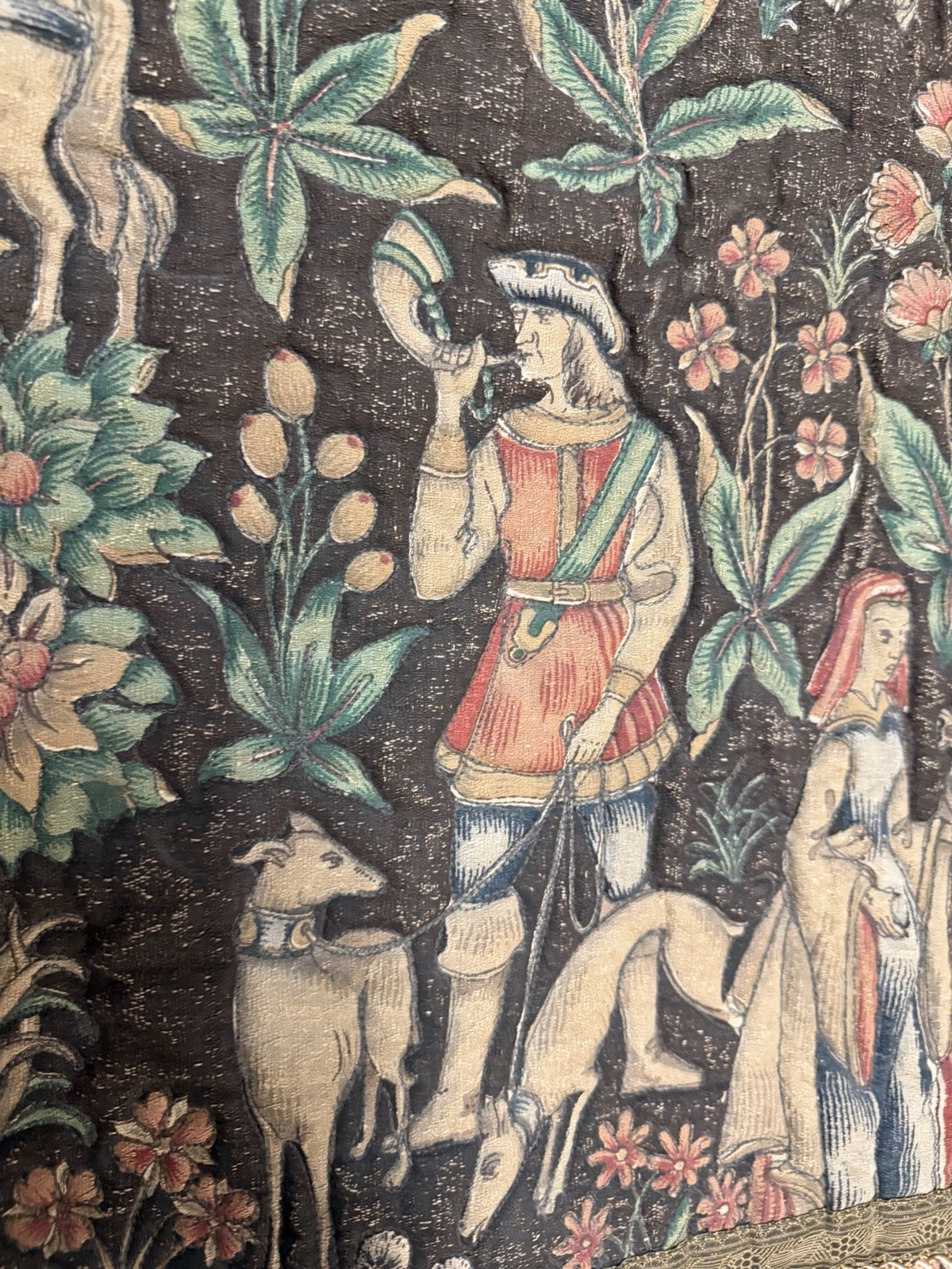 Vintage Quilted Medieval Hunting Scene Tapestry-Style Wall Hanging 55” x 43”