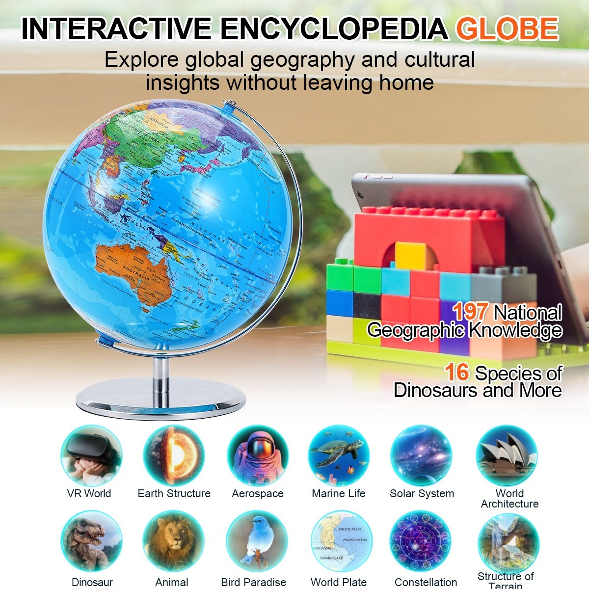 Large 3D World Globe Earth Ocean Rotating World Map Geography w/ Stand Desktop