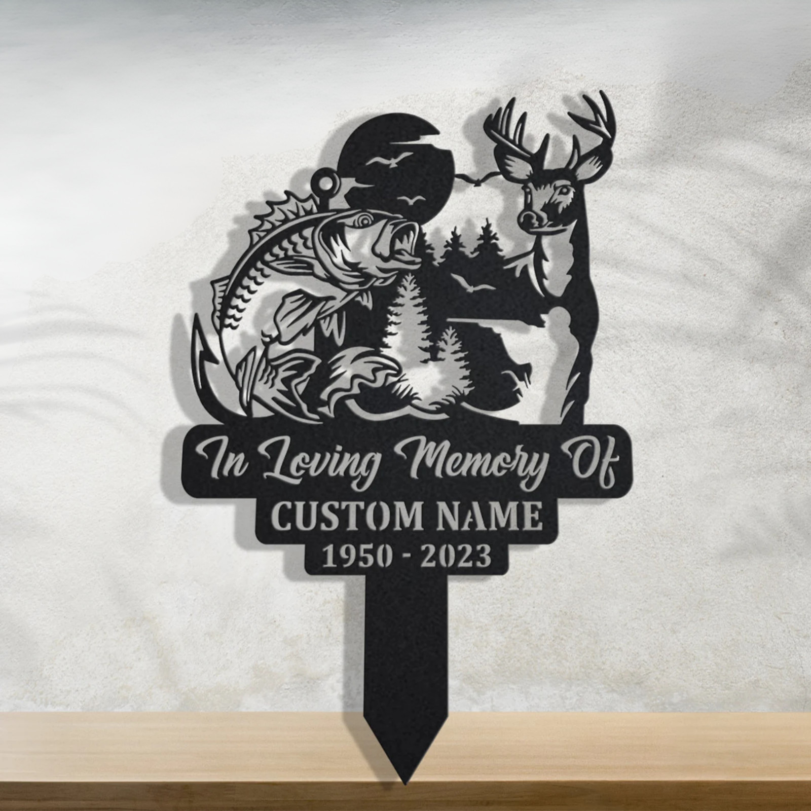 Hunting Fishing Memorial Stake, Personalized Deer Angler Grave Marker Sign