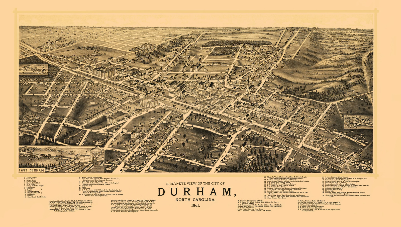 Historic Panoramic View – Durham North Carolina – Ruger 1891 – Vintage Wall Art