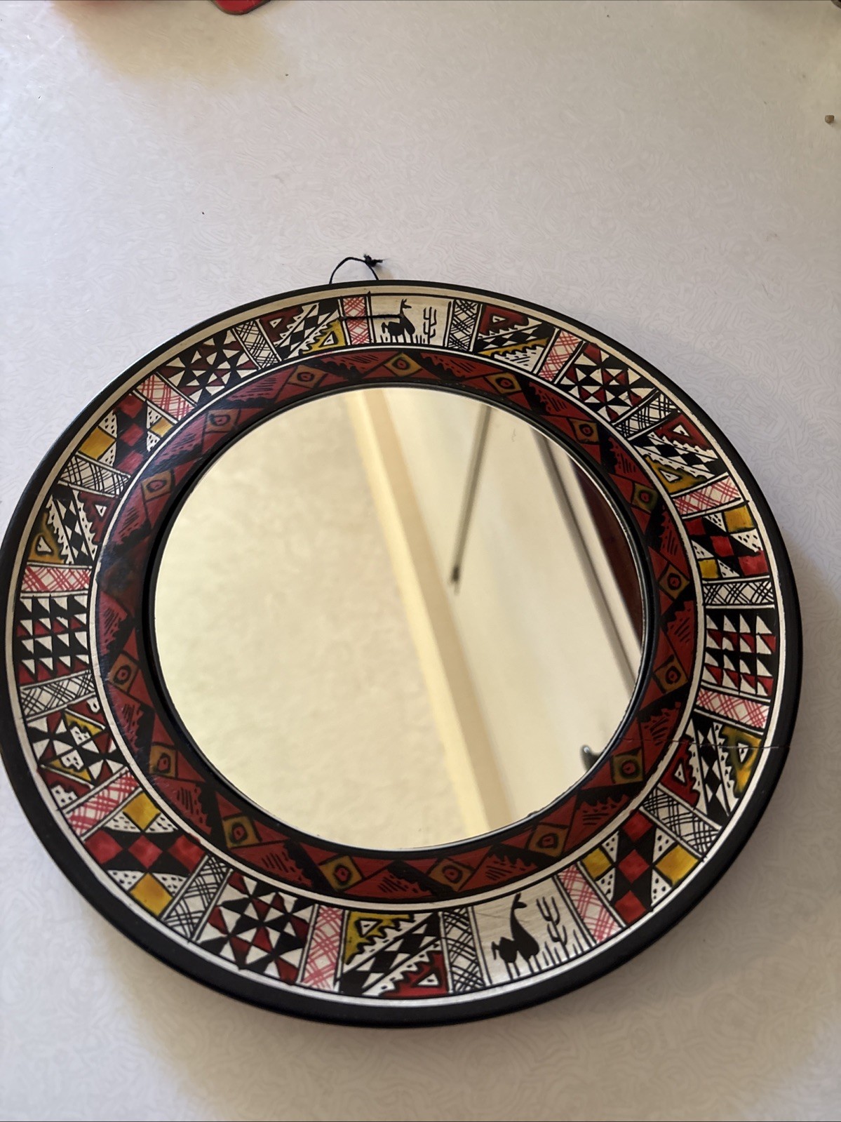 Mirror 10” Round Hand-Painted Ethnic Border Of Wood Boho Decor Ethiopian