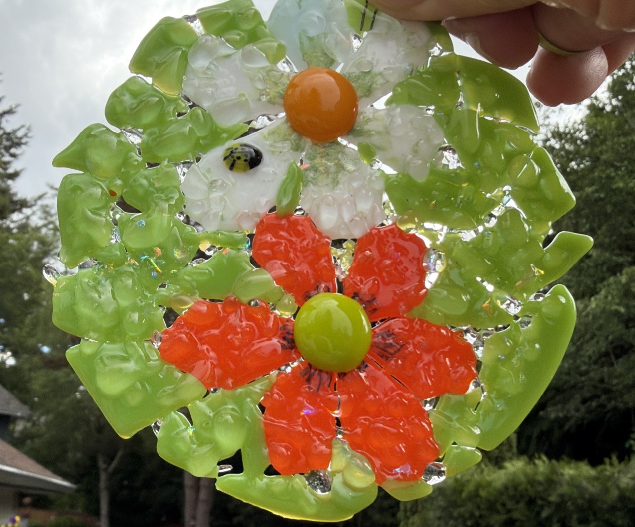 Fused Glass Handmade Round Multicolor Flower Sun Catcher Signed By Artist