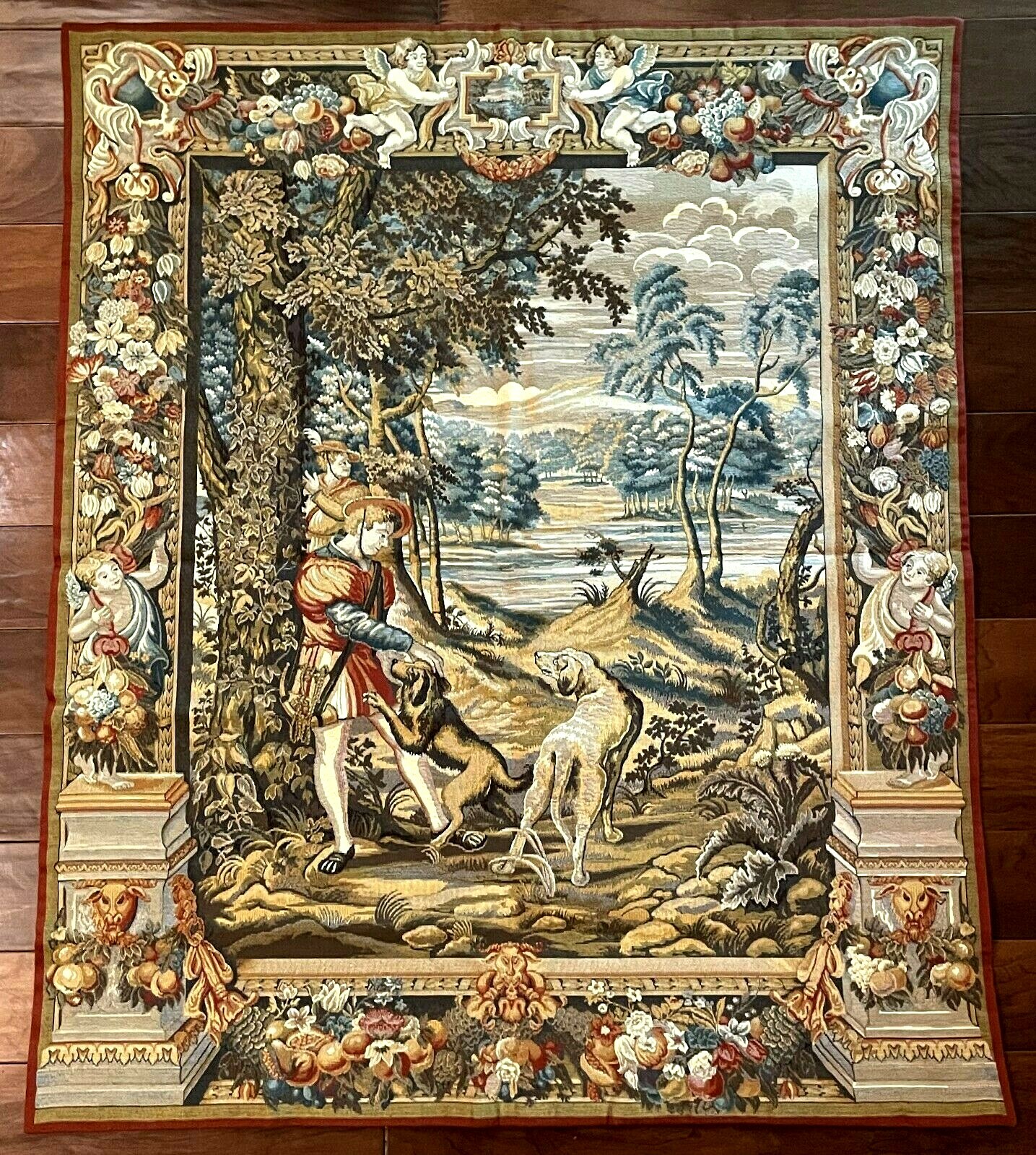 Tapestries Ltd Tapestry 18th Century Man w Dogs in Forest Angel Pedestal Border