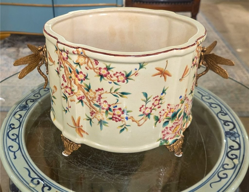 Porcelain Oval Planter with Ormolu Dragonfly Handles-Floral Vine-14 » x 8 »H