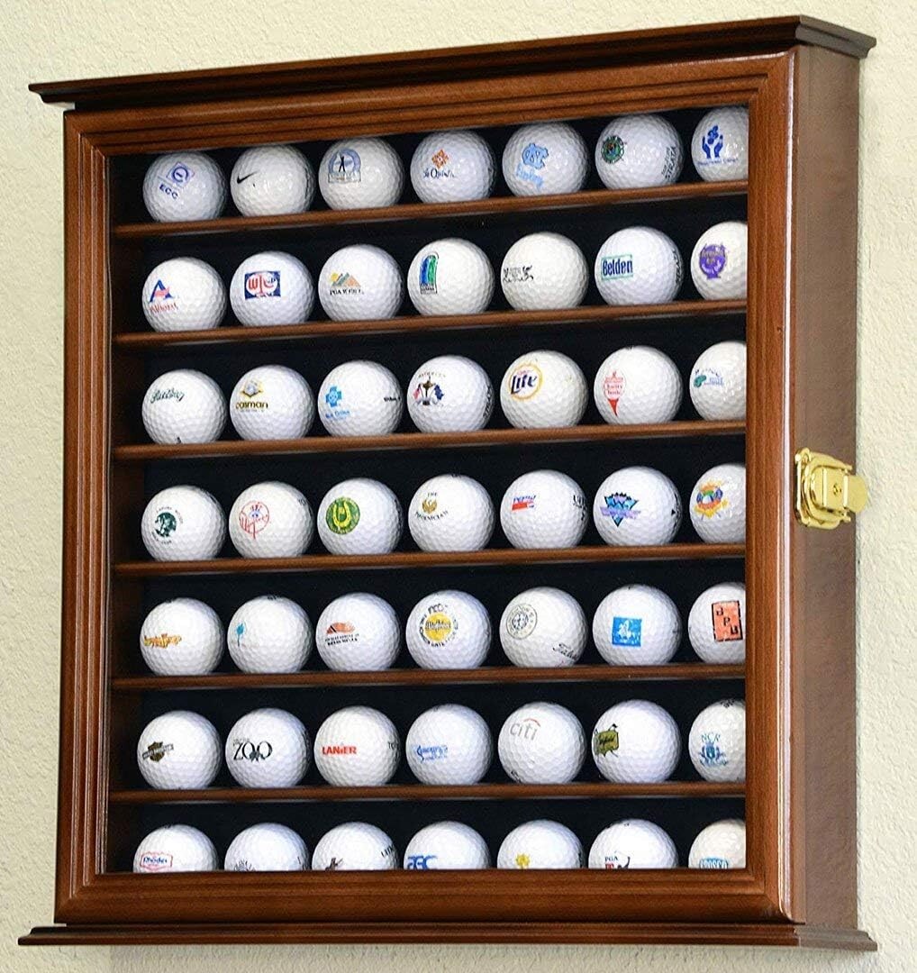 Golf Ball Display Case 49 Pcs Walnut PGA Clubhouse Wall Cabinet Rack Lock Holder