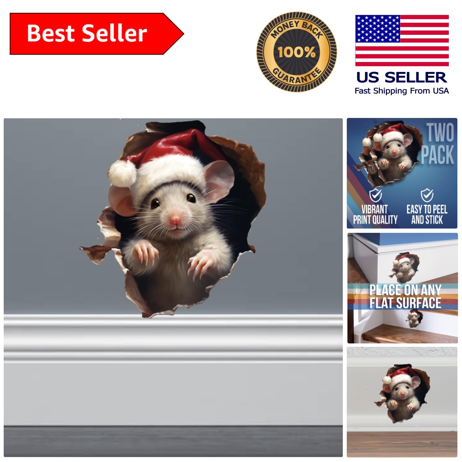 Santa Mouse Christmas Wall Stickers | Fun 3D Decor for Holidays | 2-Pack