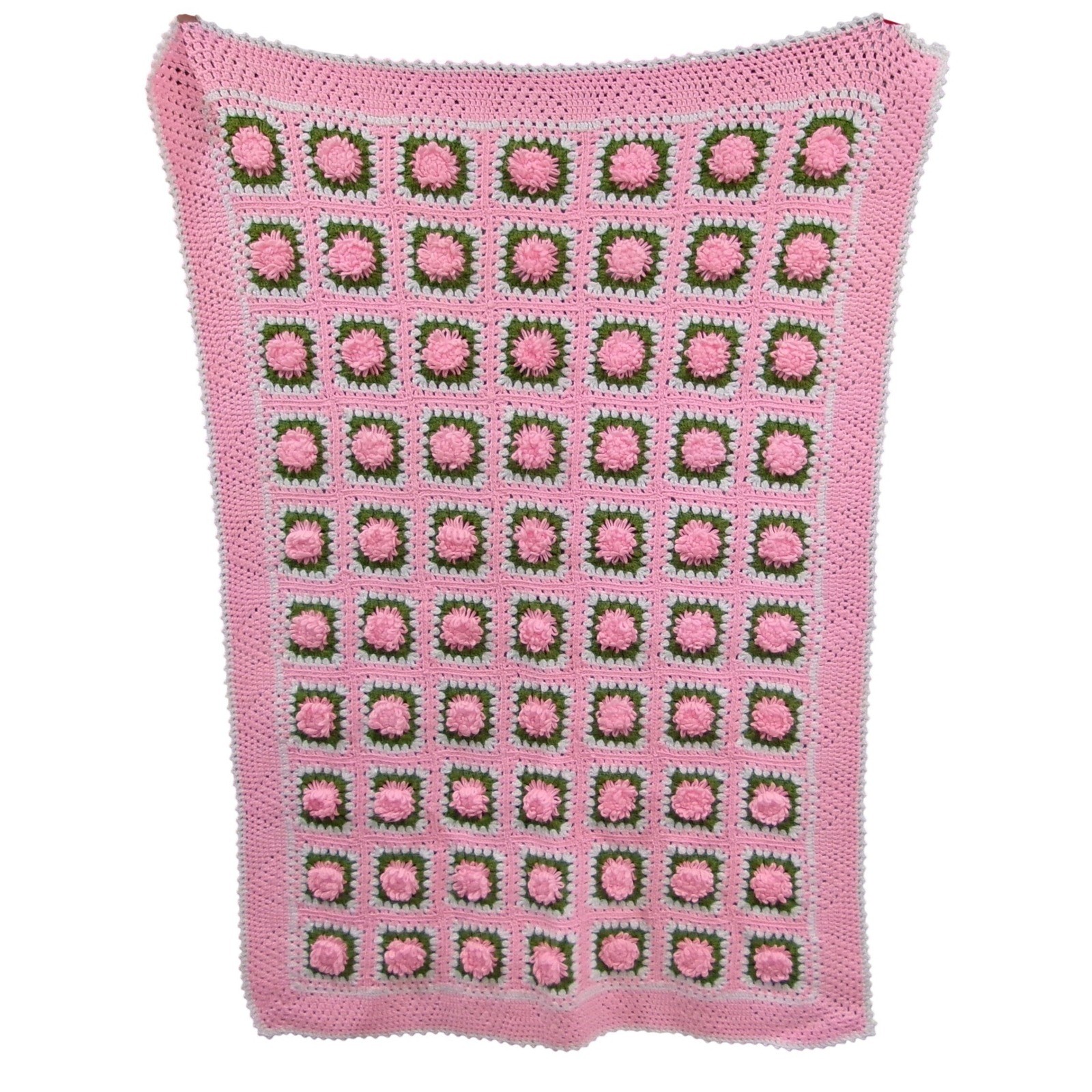 Vintage Handmade Crochet Granny Square Blanket Pink Green Floral Popcorn Afghan