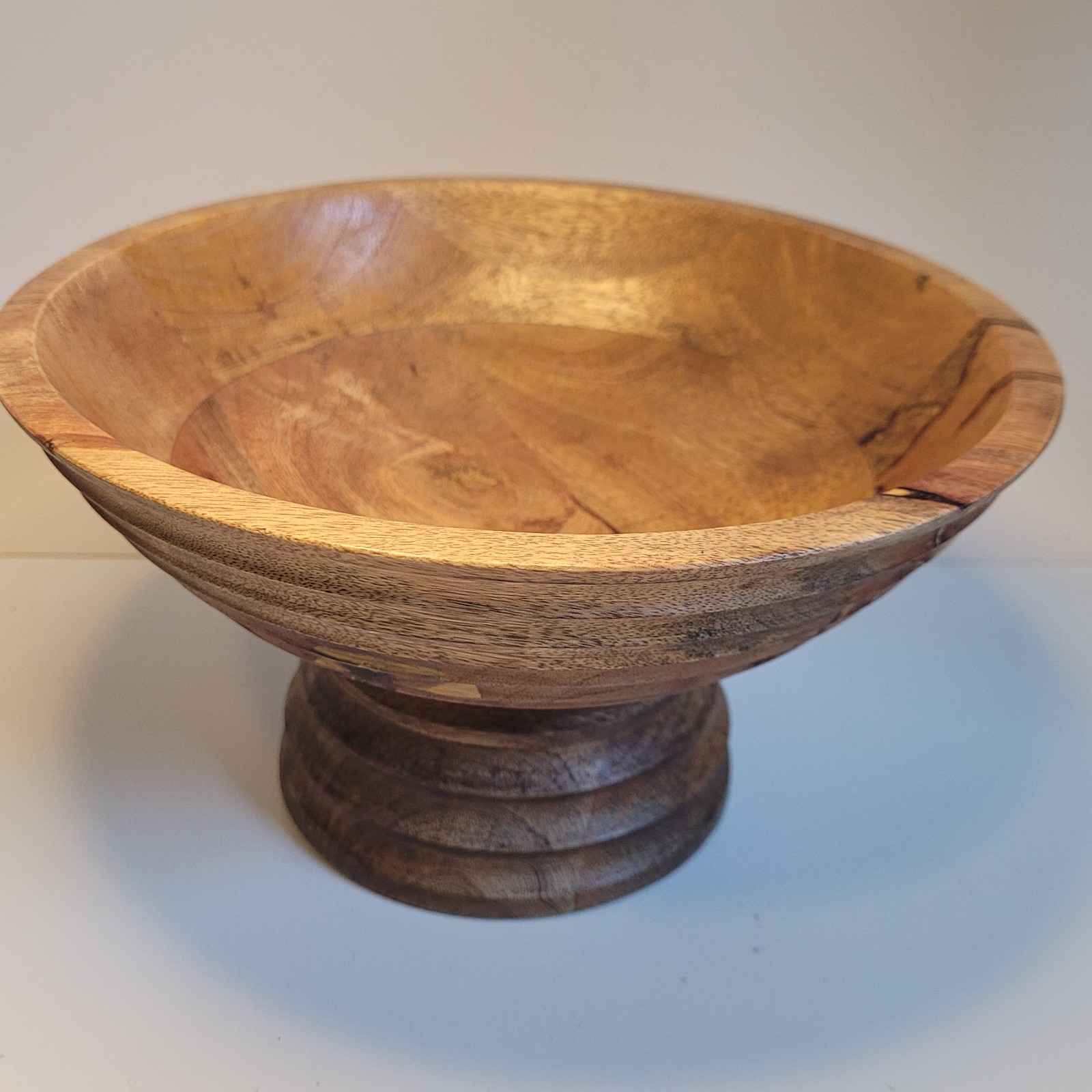 Mango Wood Pedelstal Bowl Boho Ridged Profile Texture Nice! See Description!