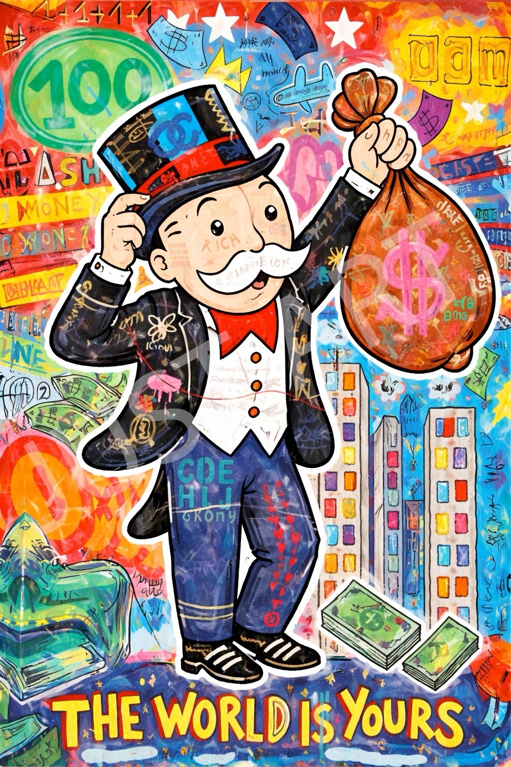 The World Is Yours Monopoly Street Art Canvas – Pop Art Wealth Theme, 24 x 36 in