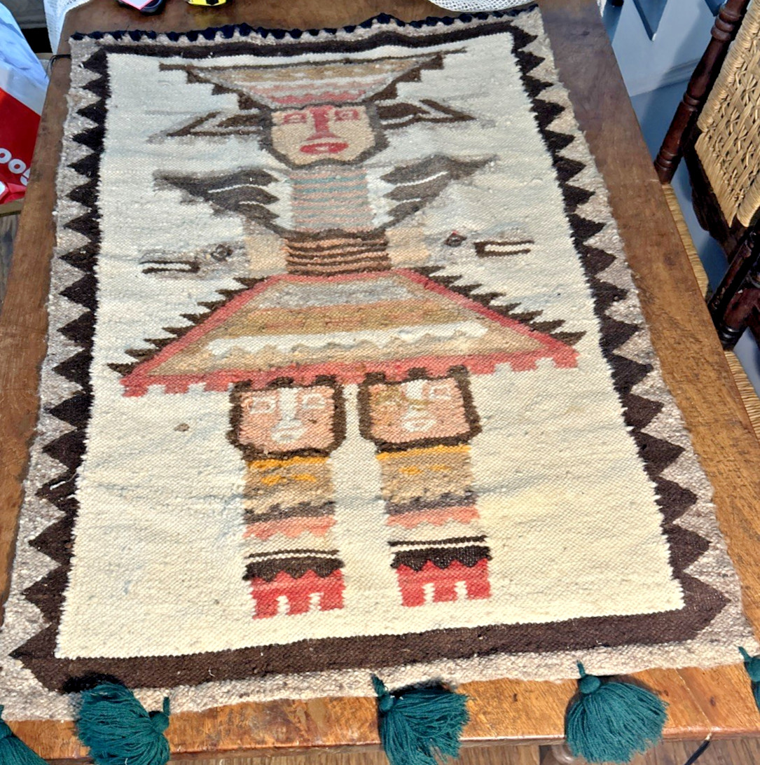 Vint Hand Woven Wool Wall Hanging Ecuadorian Tapestry Folk Art, Deity 27&Prime; x 40&Prime;