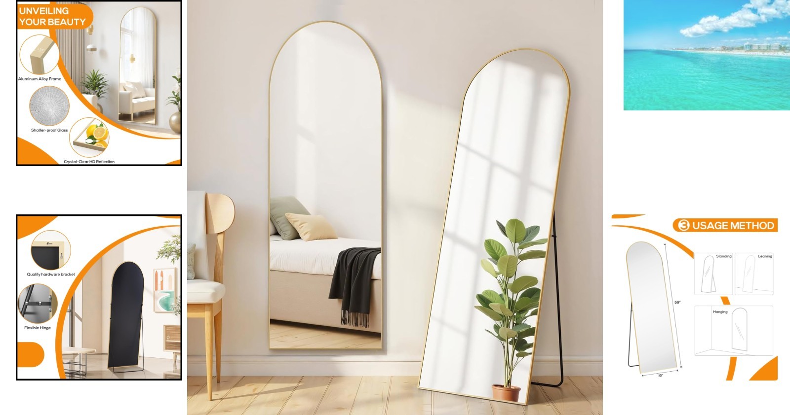 Exquisite Arched Full-Length Mirror, 59&Prime; x 16&Prime; – Shatter-Proof Glass, Gold Frame