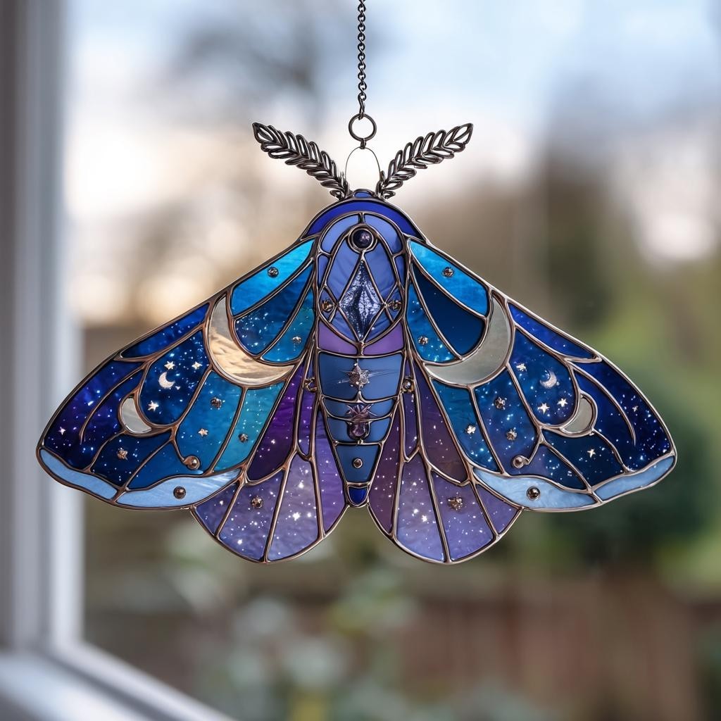 Celestial Moth Acrylic Suncatcher, Midnight Blue Luna Moth
