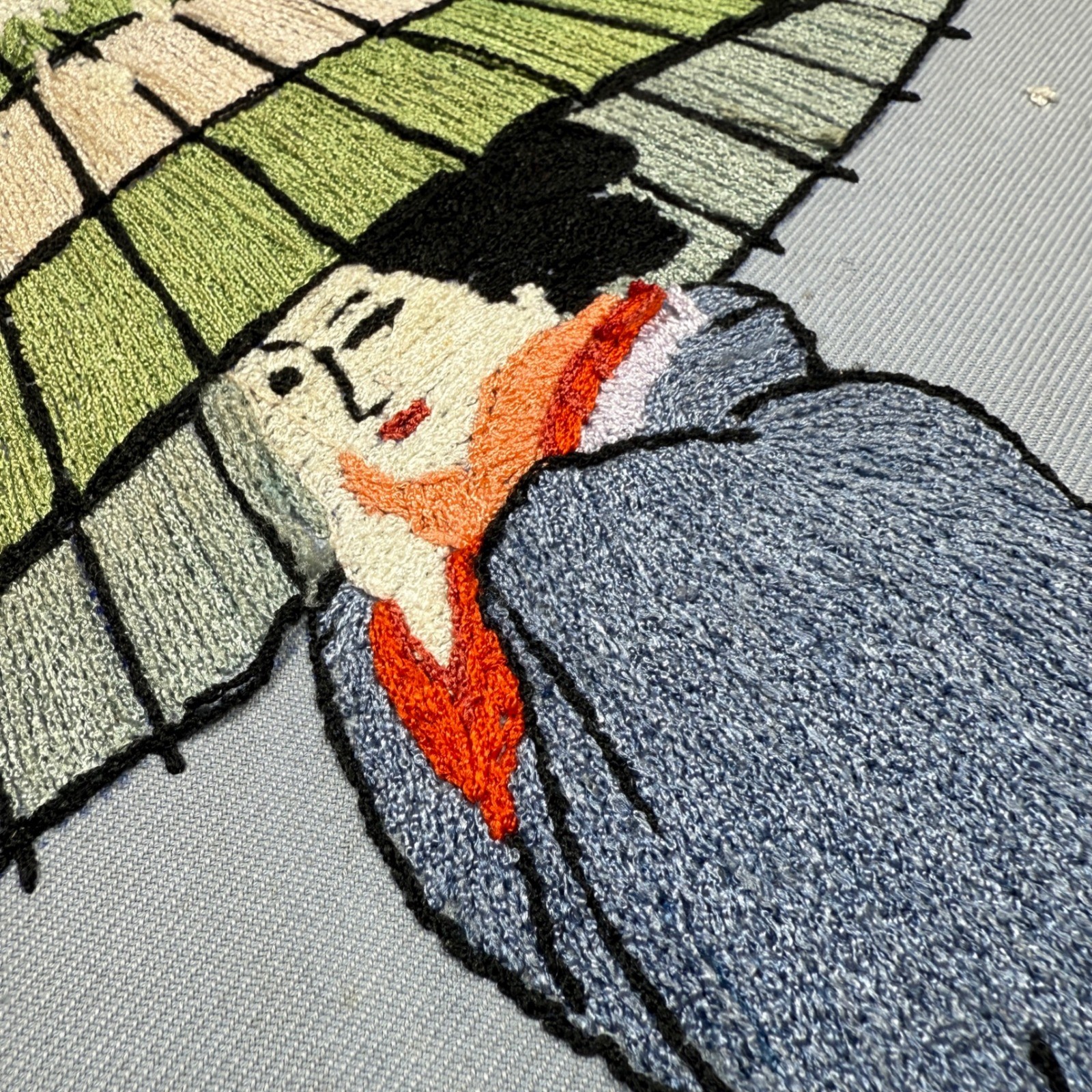 Vintage Asian Japanese Hand Geisha Wall Art Crewel Kimono & Wagasa *see pics**