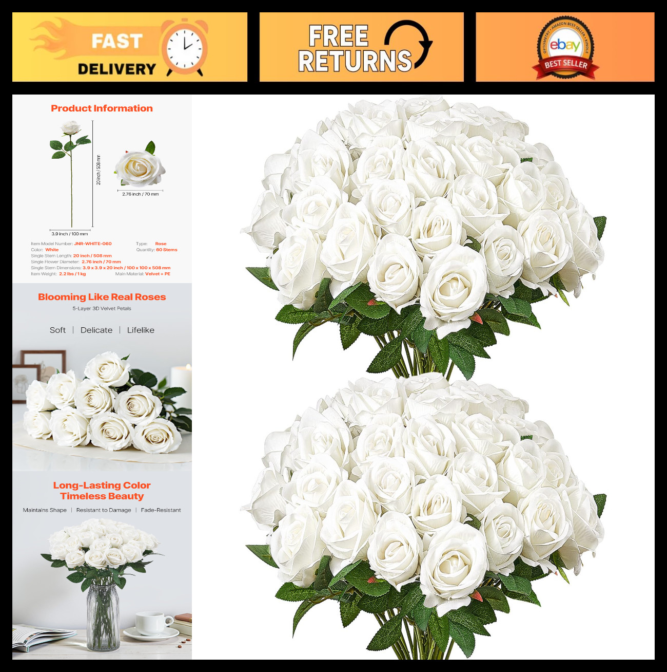 60 pcs Realistic White Foam Fake Roses – DIY Wedding Bouquets, Home Decor, Party