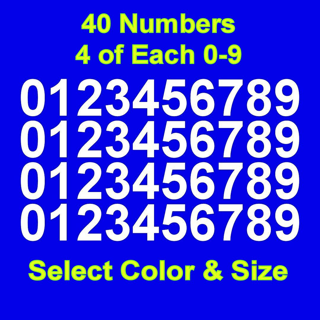 0-9 Numbers Vinyl Sticker Decals – Set of 40 – Select Color & Size 1/2&Prime; thru 4&Prime;
