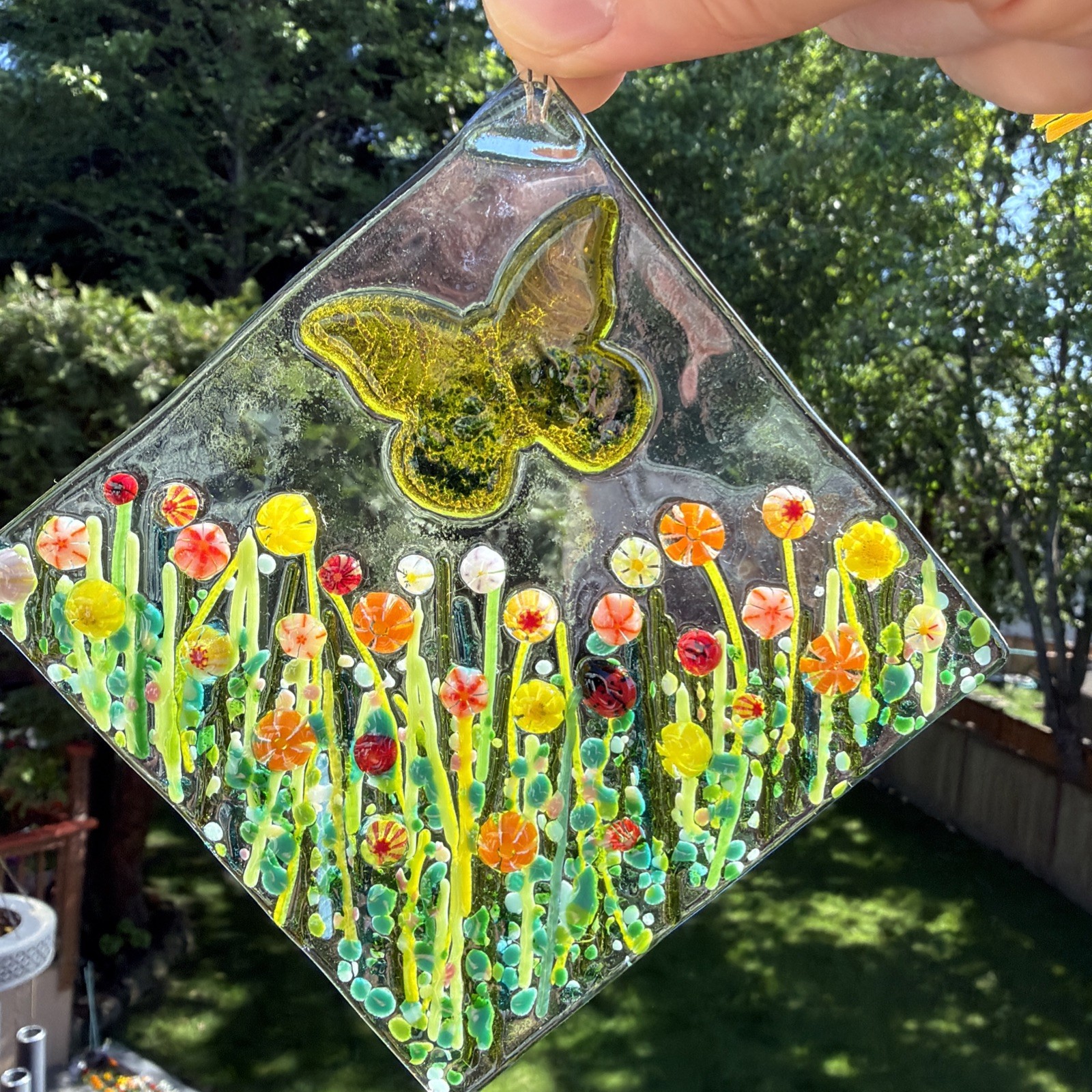 Fused Glass Handmade Diamond Shaped Multicolored Sun Catcher Signed By Artist