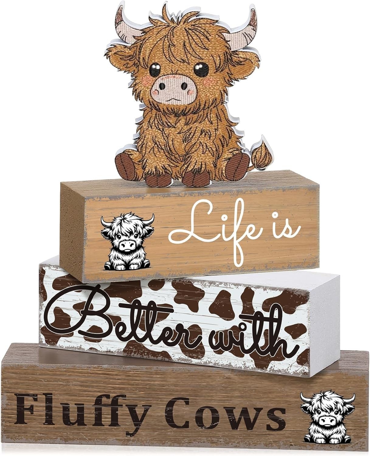 4 Pcs Highland Cow Table Decorations Cow Wooden Signs Rustic Tiered Tray Decor W