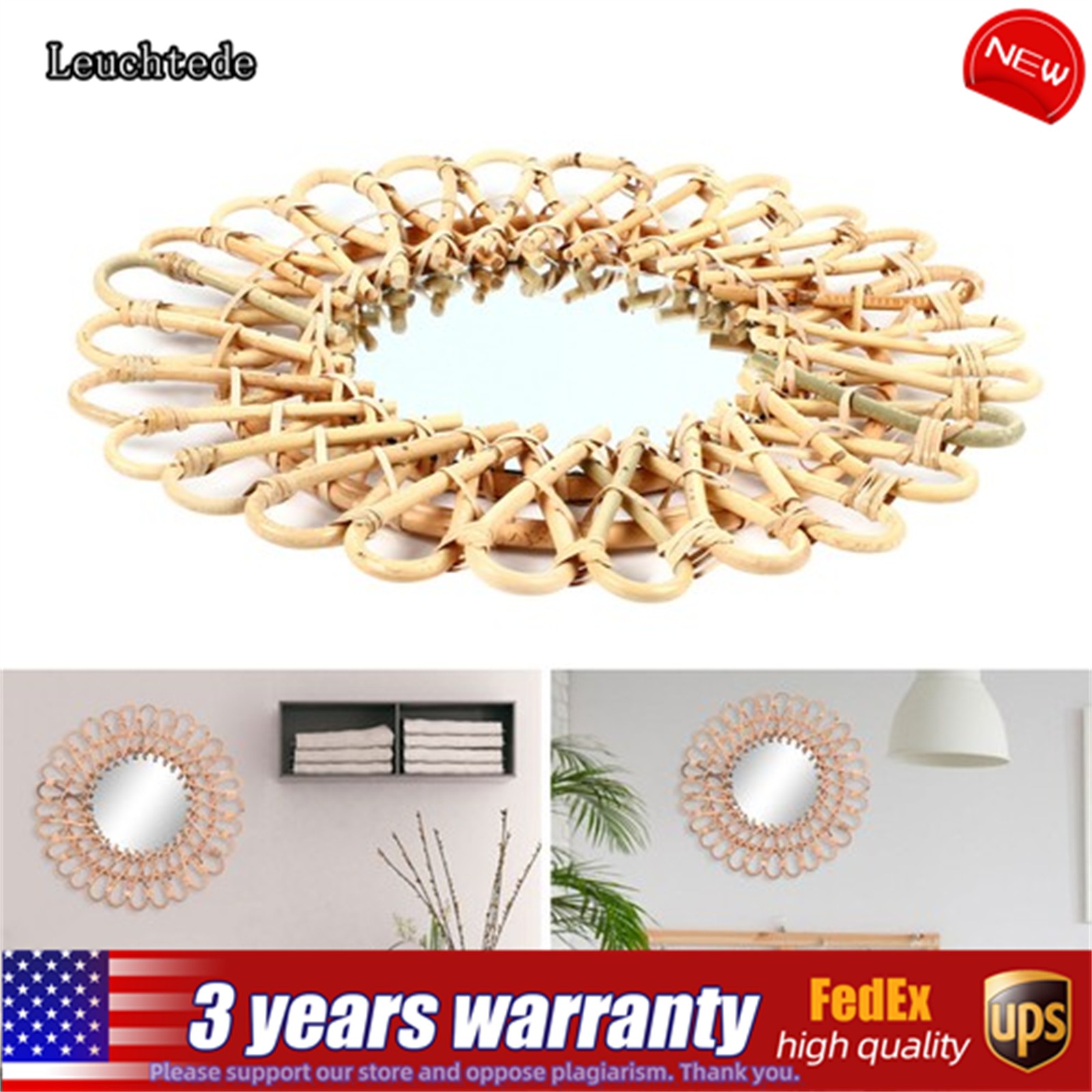 Hanging Wall Round Mirror Home Rattan Nordic Wicker Home Decor Art Mirrors US