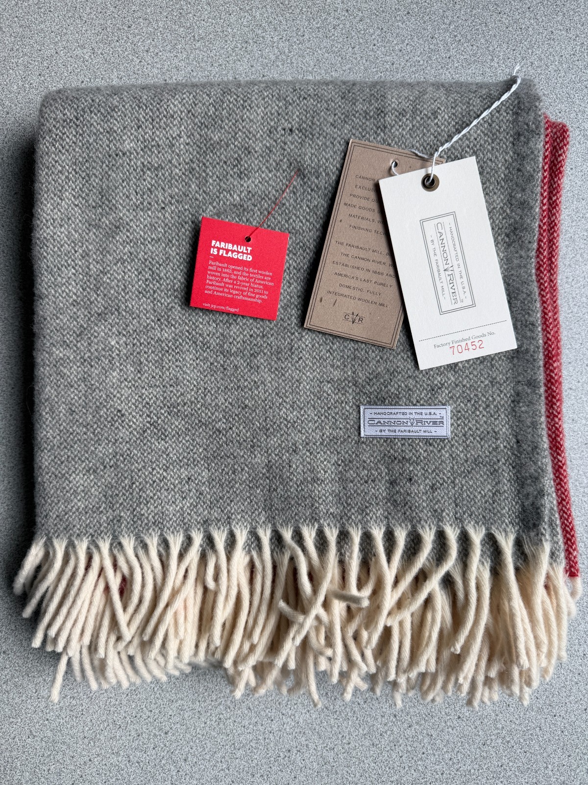 NEW Cannon River 100% Wool Throw Blanket Handcrafted in USA Gray Red 50” X 60”