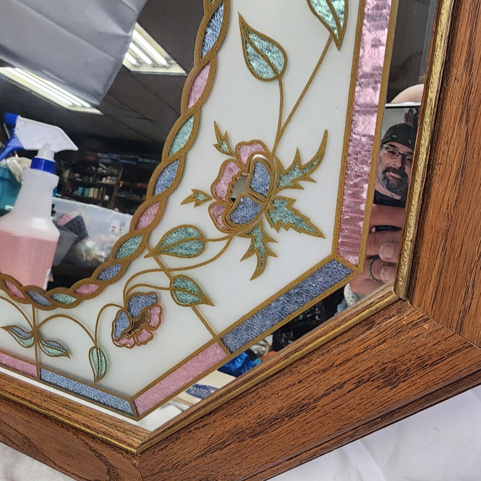 Vintage Cottagecore Floral Etched Stained Glass Mirror Octagon 1980s 90s 21&Prime;x31&Prime;