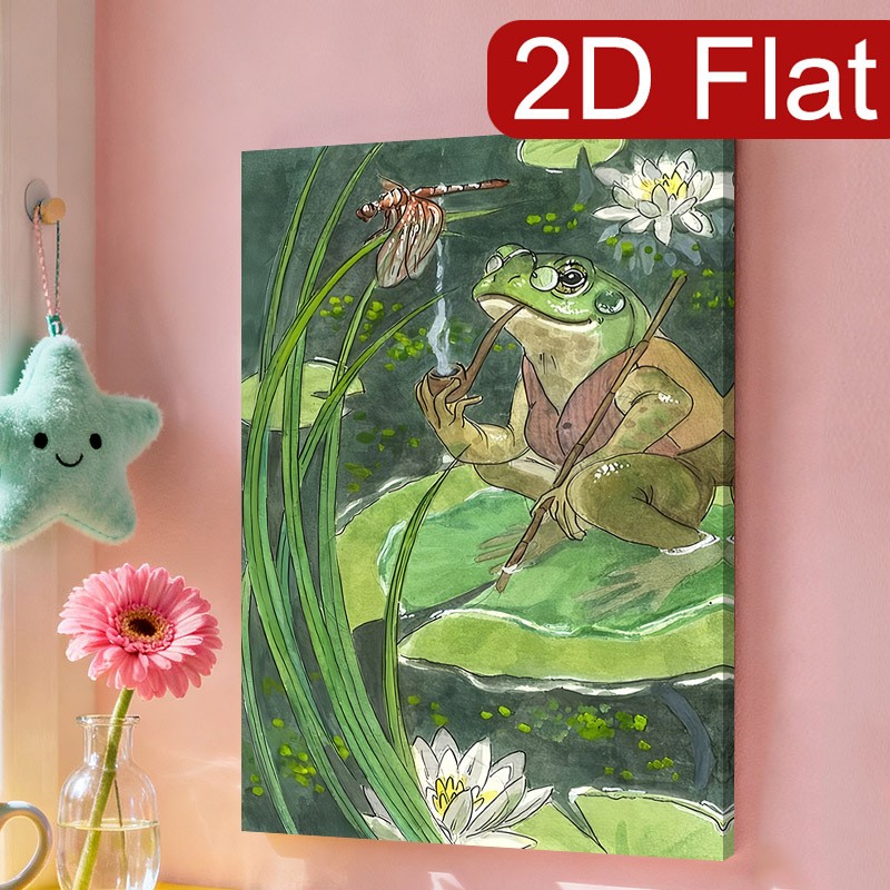 Frog with Pipe on Lily Pad Canvas Wall Art, Whimsical Nature Home Decor