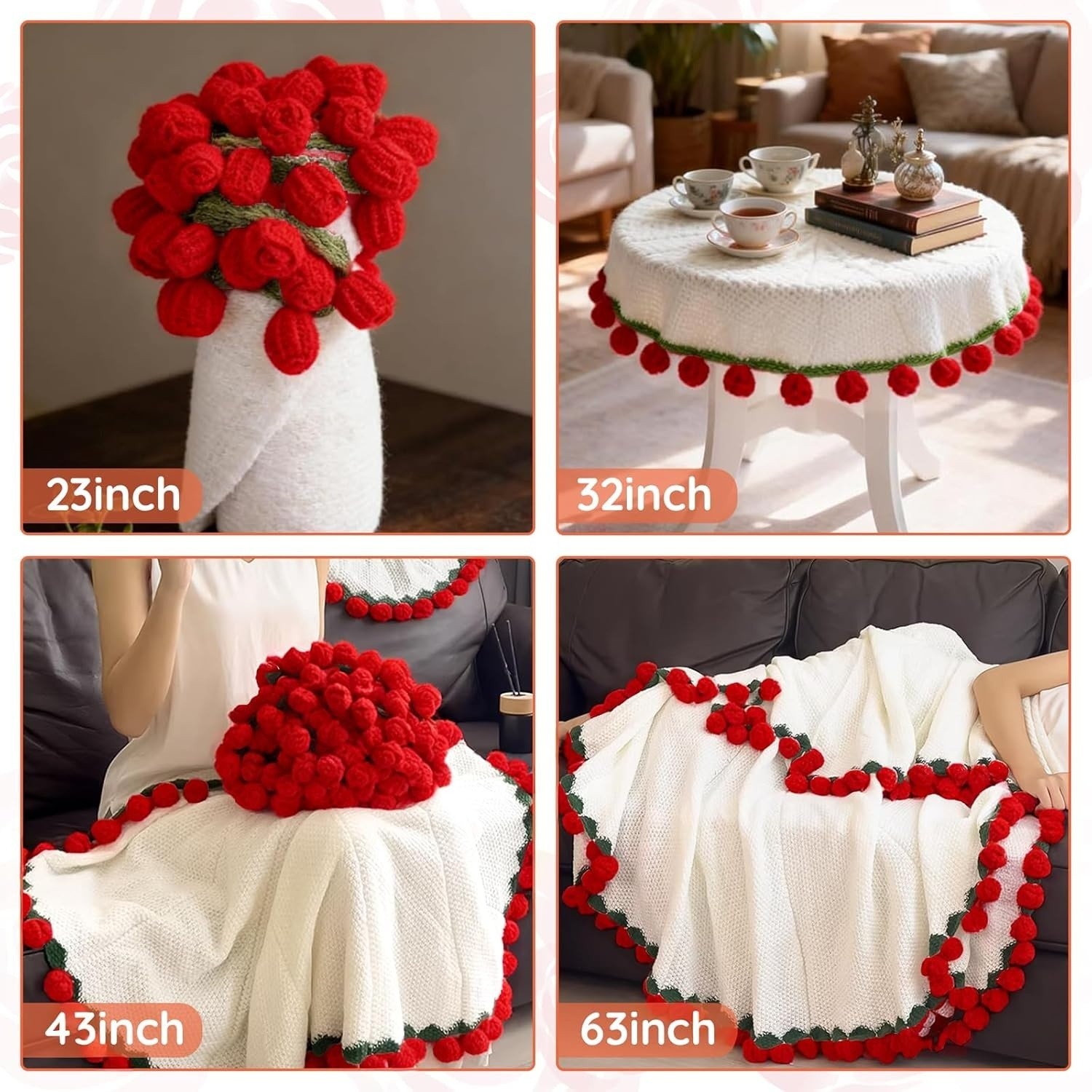 Crochet Flower Bouquet Throw Blanket, Handmade Knitted Blanket with Rose Flow…