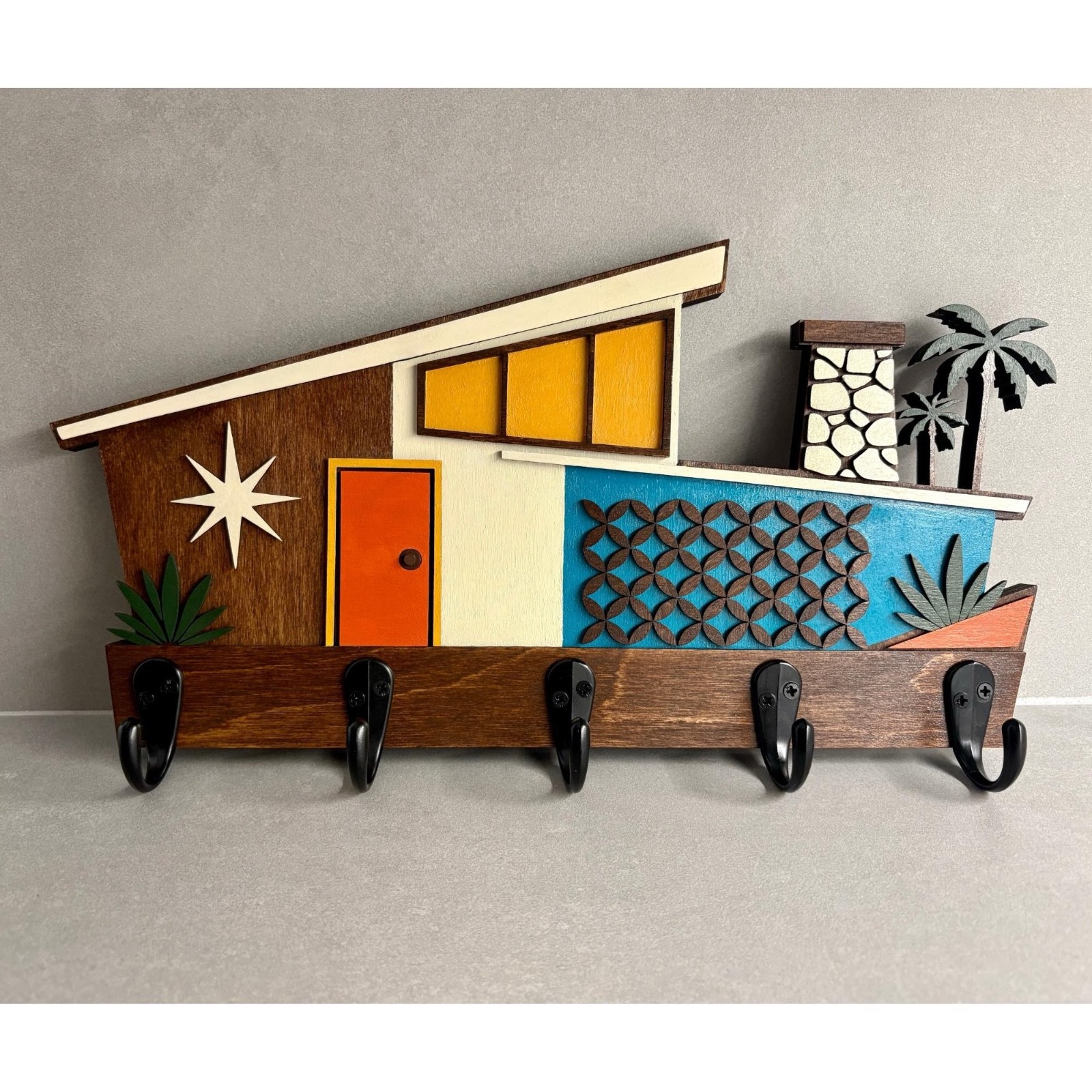 Mid Century Modern Key Holder- Wall Coat Rack- Retro House- 5 Hooks -MCM Decor