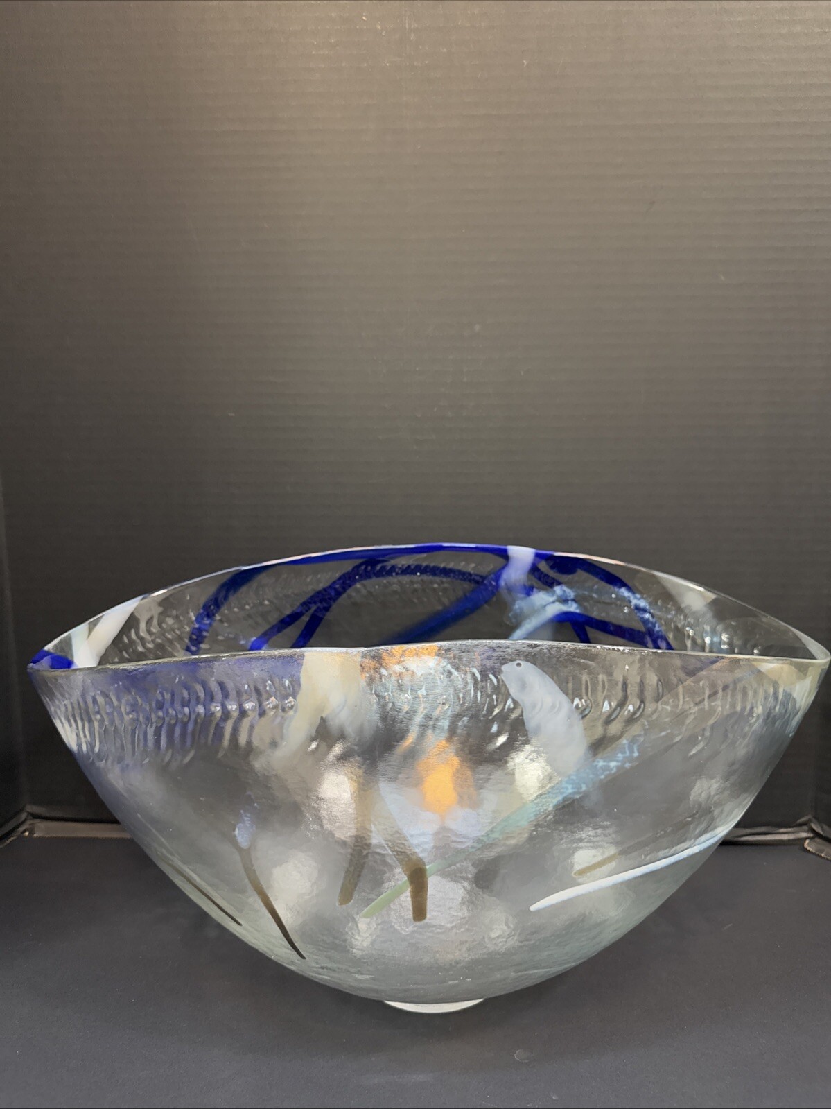 Global Views Art Glass Modern Blue Spark Glass Bowl Large 17” X 9.5” X 10”