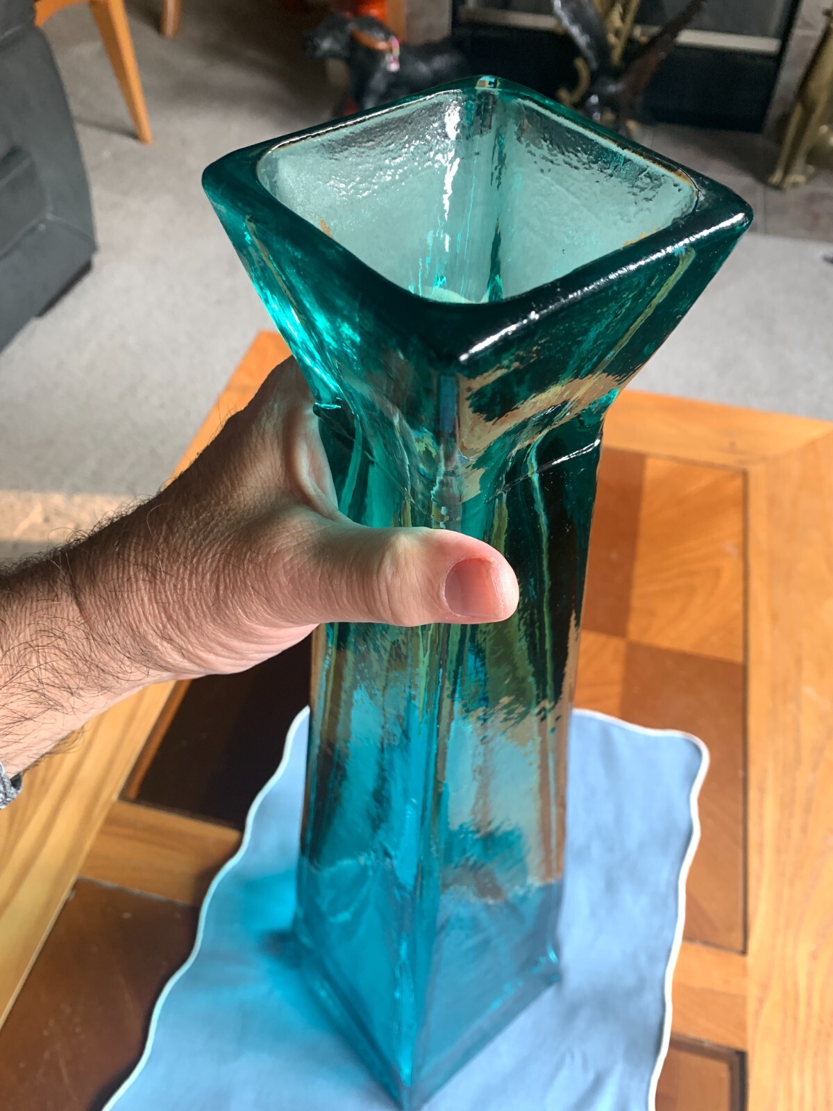 Teal Blue Floor Vase 21-inch-Tall Square Pyramidal Flower Vase – weighs 10 lbs.