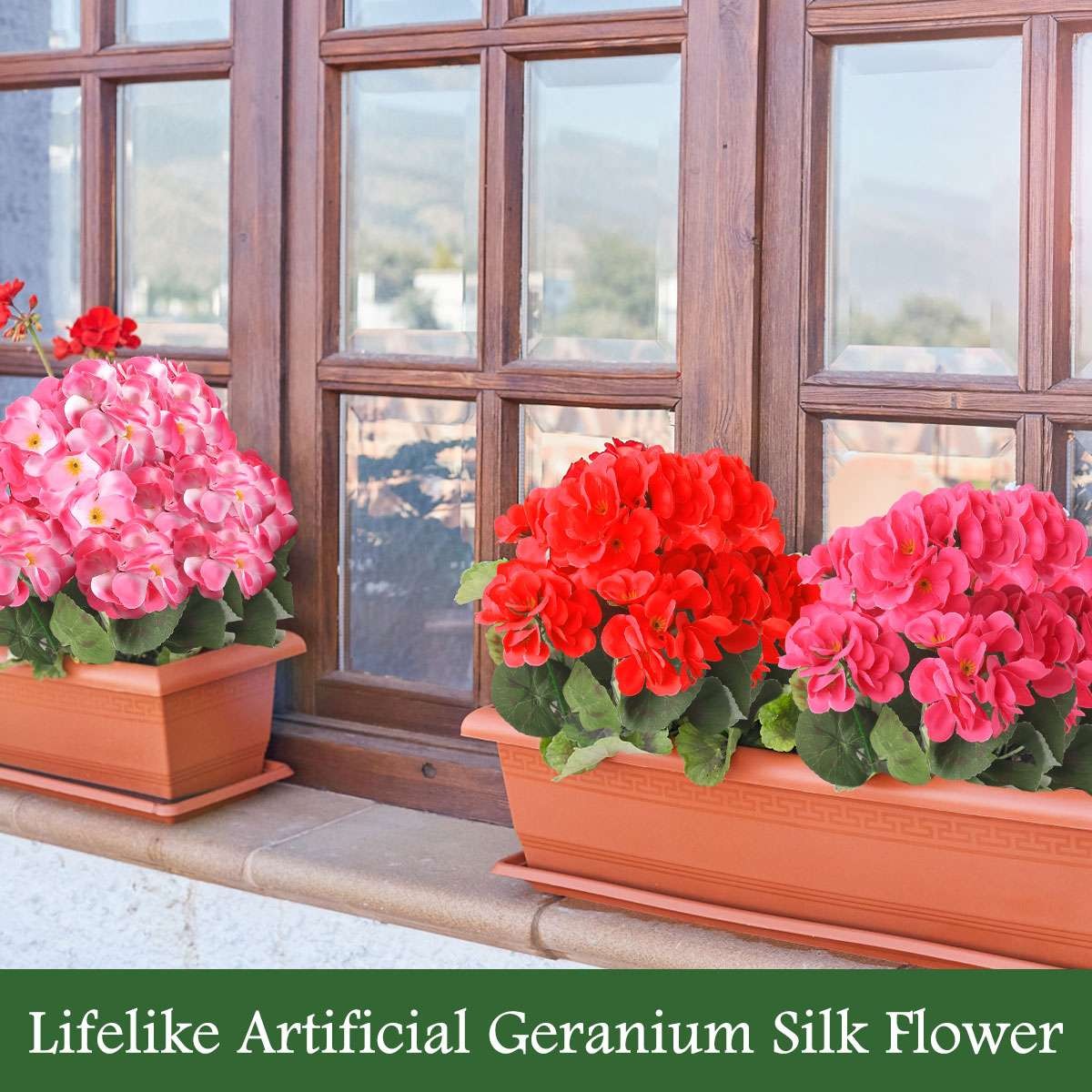 Lot Artificial Silk Flowers Red Geraniums Bush Plants Home Outdoor Garden Decor