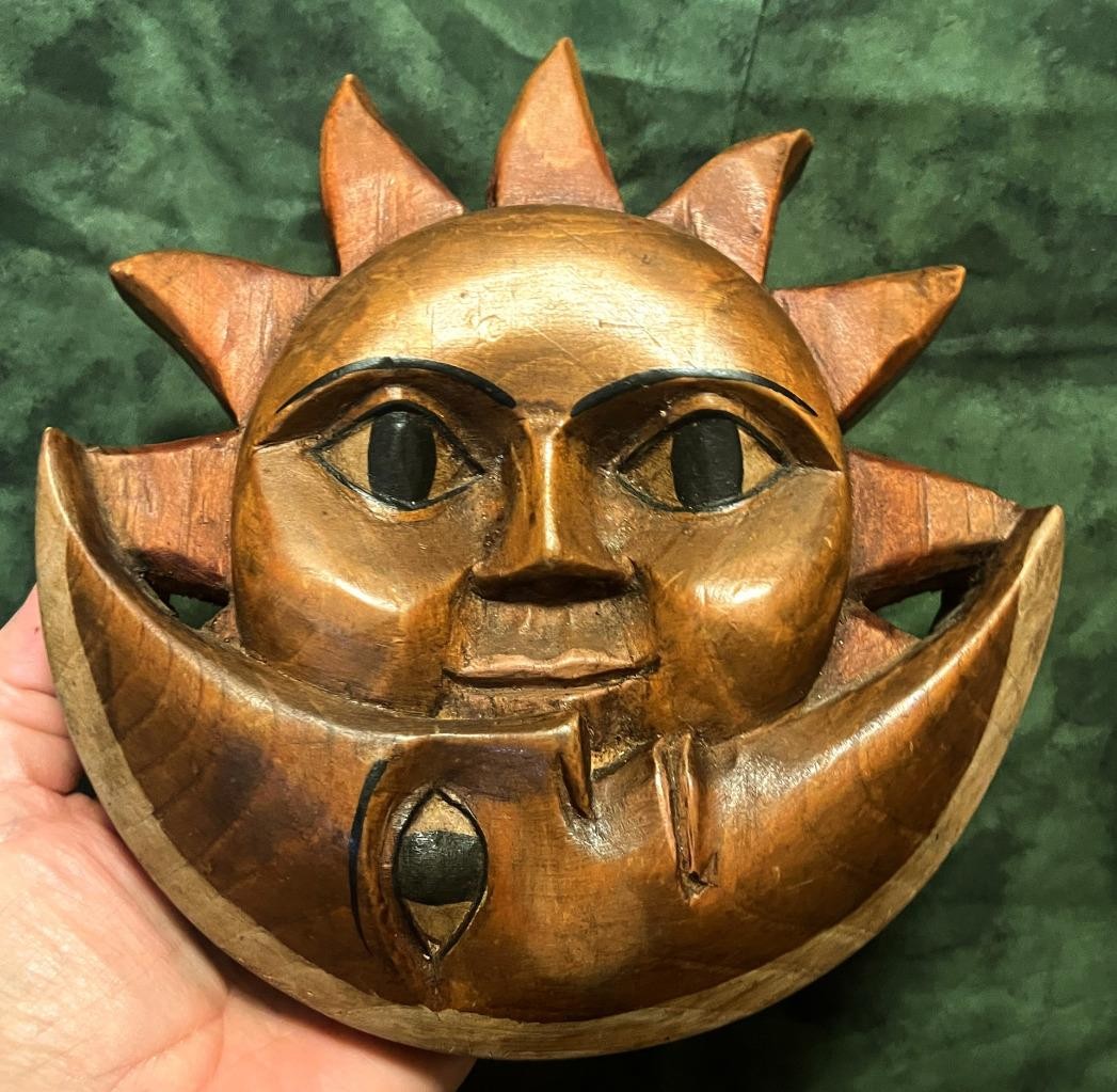 Vintage Hand Carved Wooden Sun and Moon Face Wood Carving Wall Plaque Sculpture
