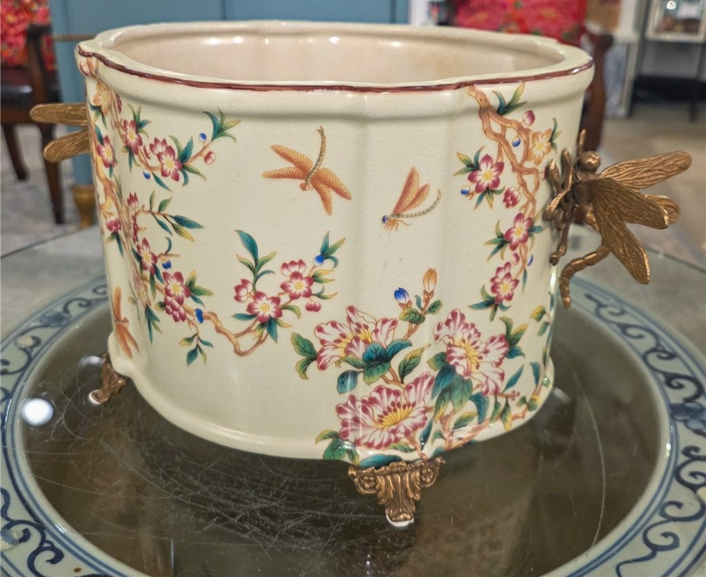 Porcelain Oval Planter with Ormolu Dragonfly Handles-Floral Vine-14 » x 8 »H