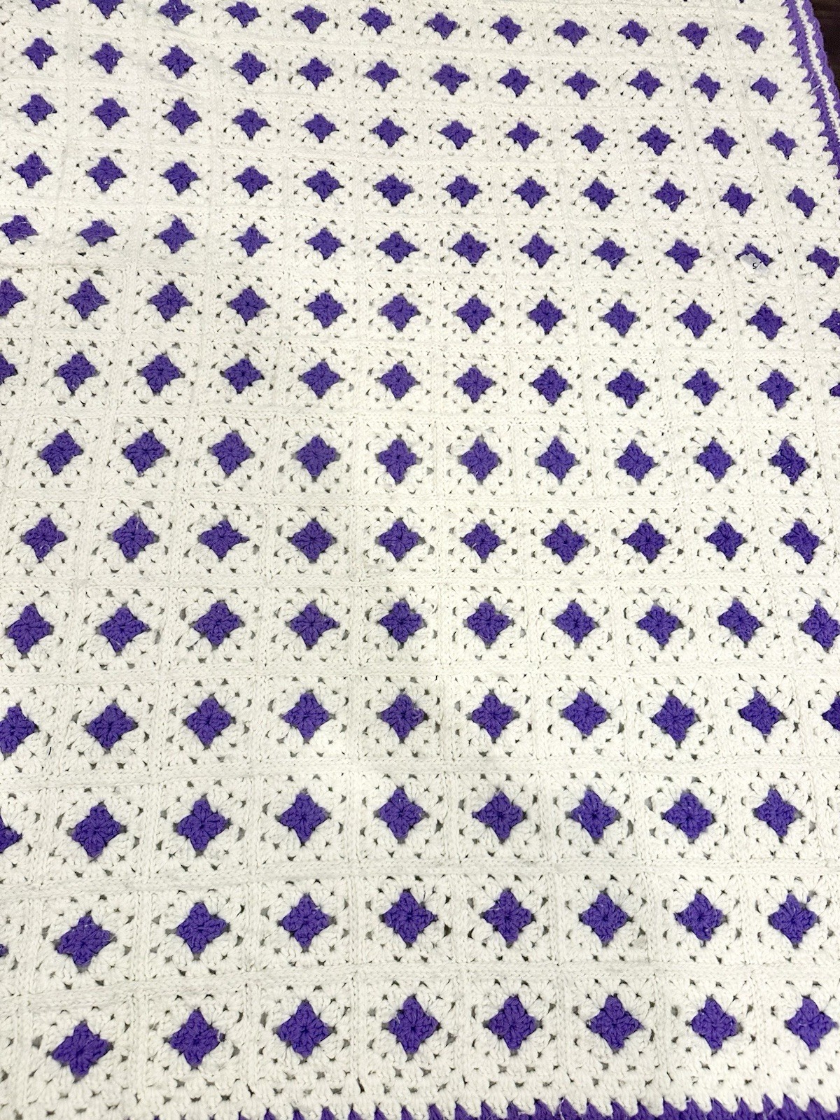 Handmade Crochet Granny Square Blanket Purple White 65×45 Throw Afghan