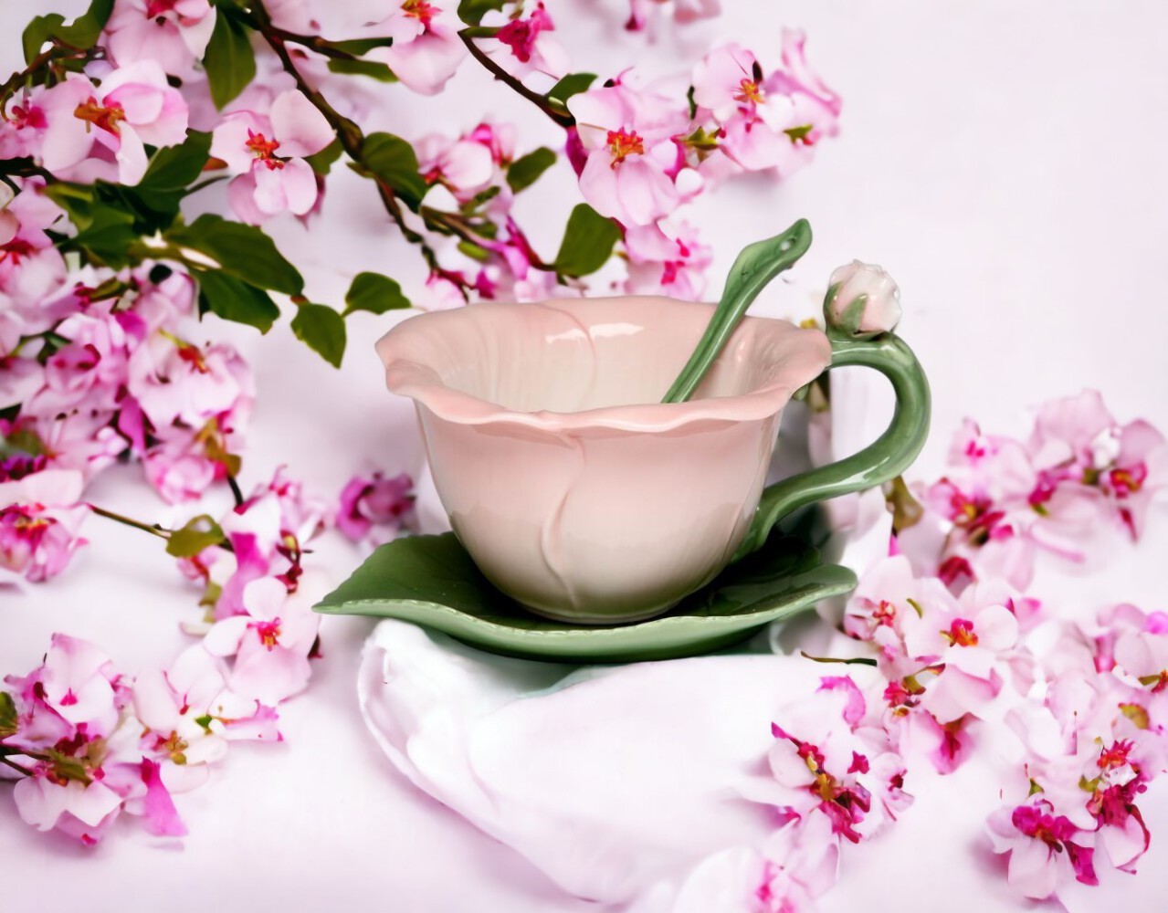 Ceramic Hibiscus Flower Cup and Saucer and Spoon-2 Sets, Gift for Mom, Gift for