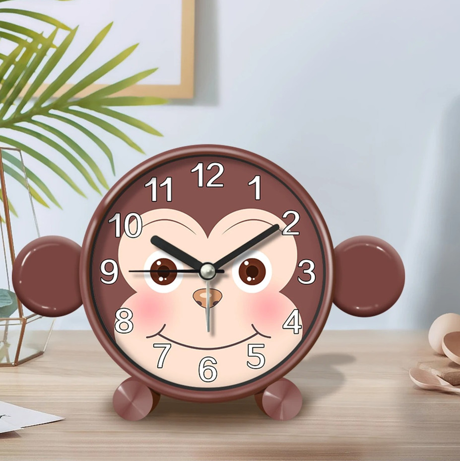 1pc Cute Kids Animal Alarm Clock Silent Round Desktop Bedroom Decor Battery