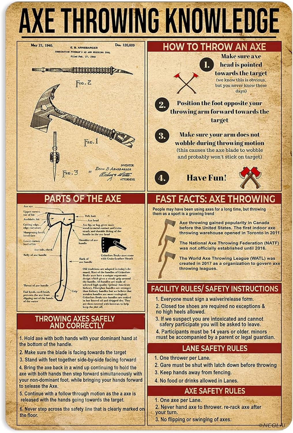 Axe Throwing Knowledge Metal Signs Poster, Wall Decorations Vintage Decor 16X12