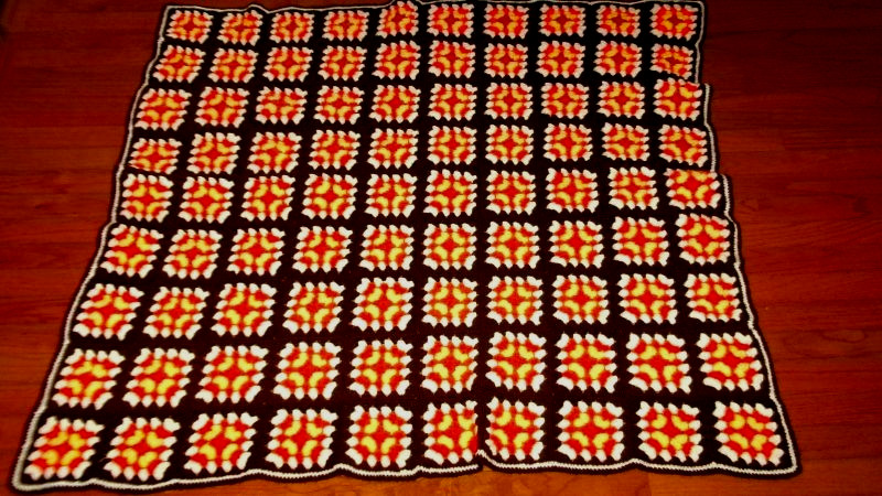 VTG 50X60 CROCHETED BROWN YELLOW ORANGE GRANNY SQUARE WOOL AFGHAN BLANKET THROW