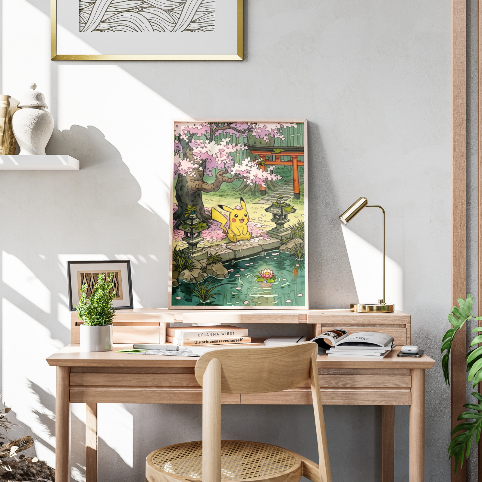 Pikachu Japanese Garden Cherry Blossom Poster Cute Anime Torii Wall Art Decor