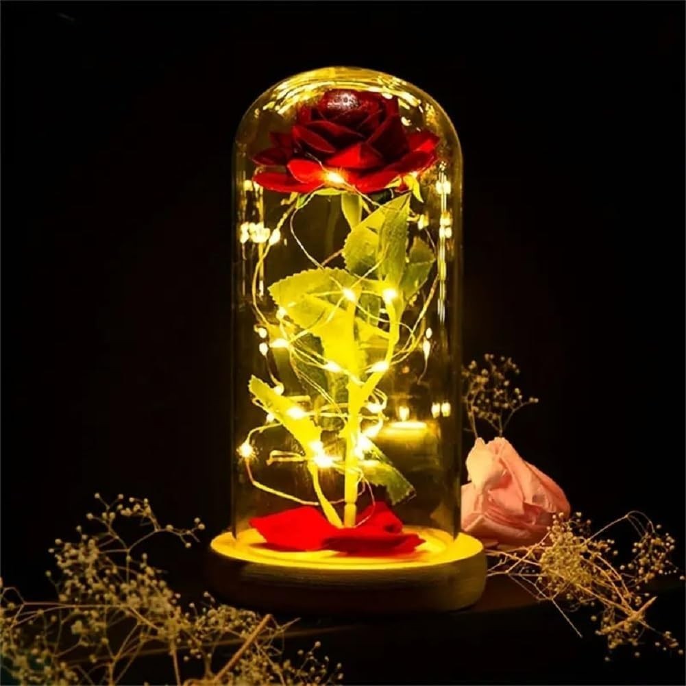 Red Rose in Dome with LED Lights, Eternal Romantic Love Gift Weddings Valentines