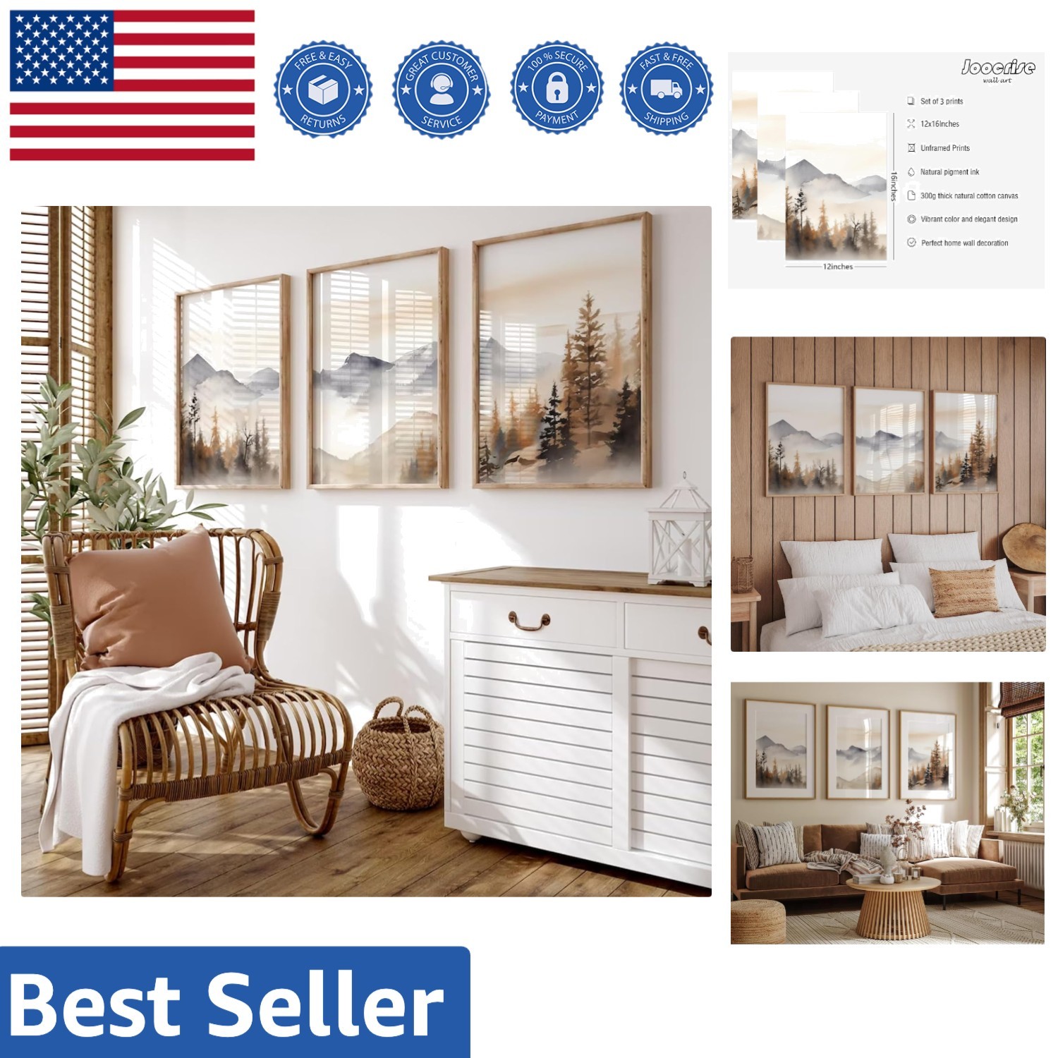 Elegant 12×16 Unframed Watercolor Mountain Canvas Art Set of 3 for Modern Homes