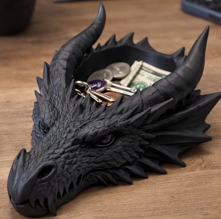 Black 3D Printed Dragon Head Catchall Bowl. Jewelry, Dice Holder. Fantasy.