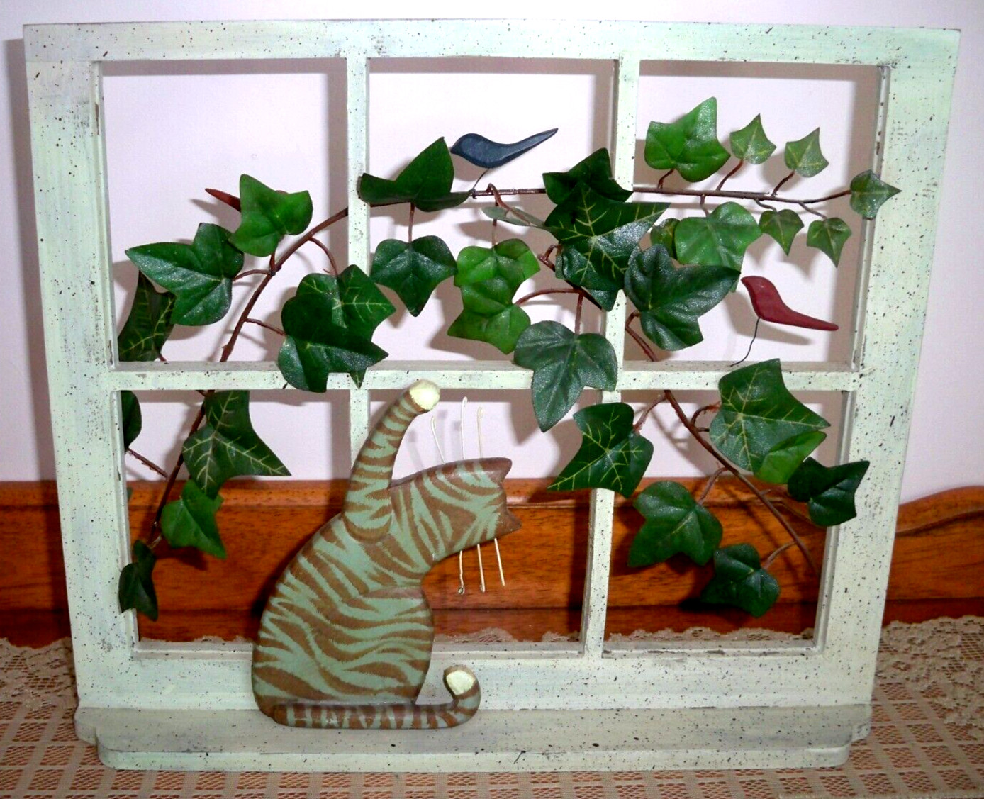 Wooden Cat Looking Out Window with Faux Ivy Wall or Shelf Art 12&Prime; x 14&Prime;