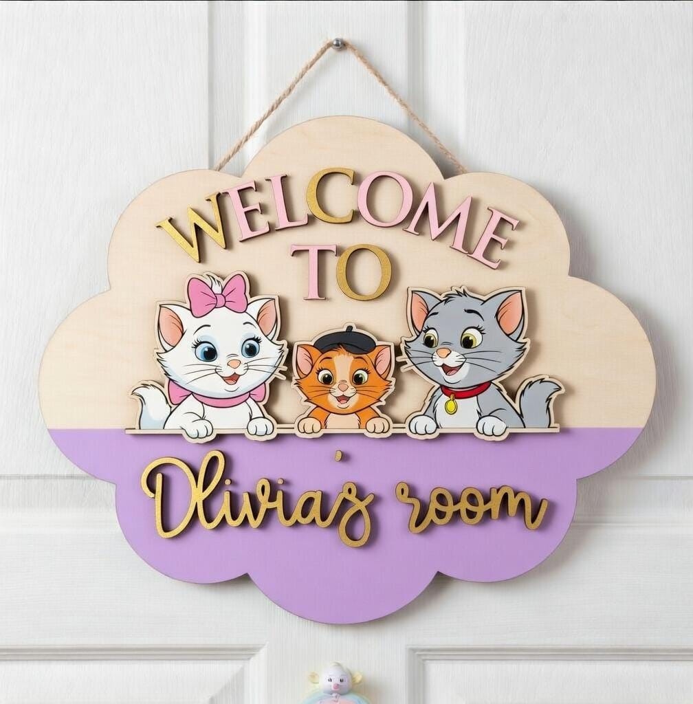 Personalized Cute Cat Name Sign Custom Kids Room Nursery Wooden Decor