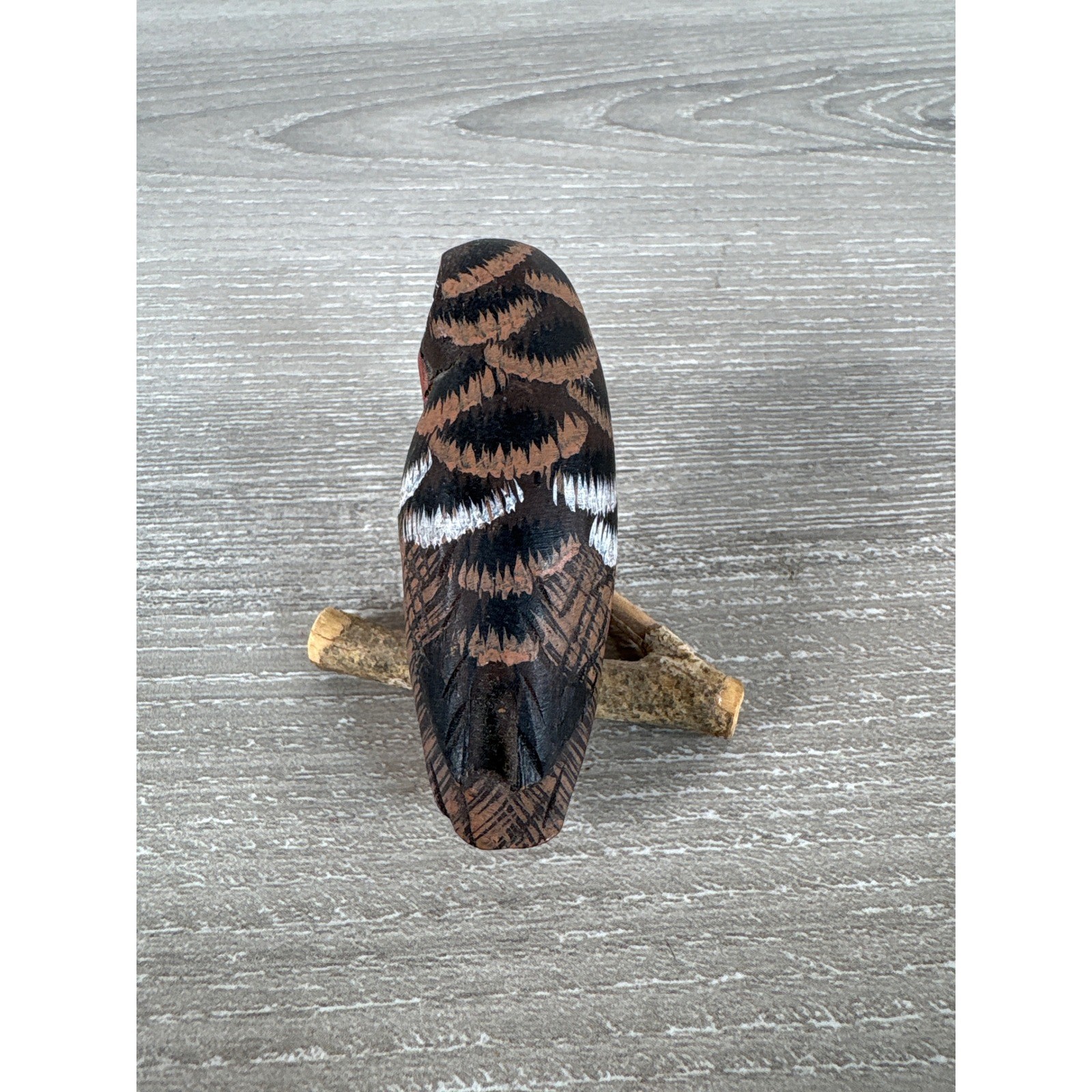 Vintage Hand Carved Wooden Owl Figurine Miniature Folk Art Bird on Twig Perch