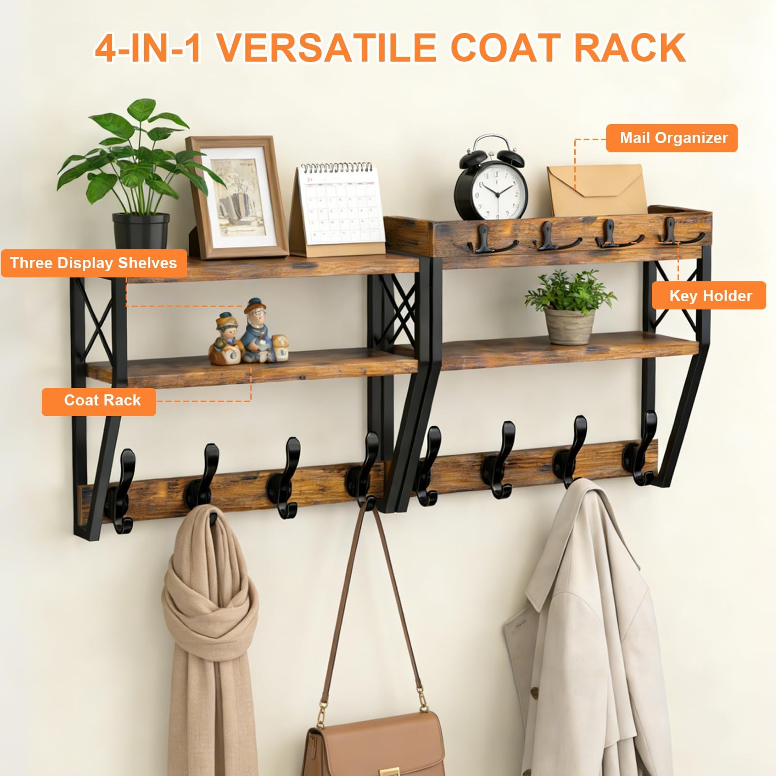 « 32Inch Wall Mount Coat Rack with Shelf, 12 Hooks, Brown Wood & Metal »